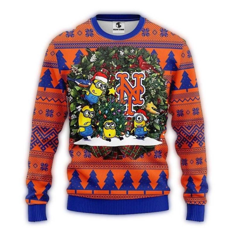 Minions New York Mets Christmas Wreath Ugly Sweater 1