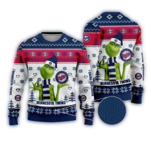 Minnesota Twins Grinch Ugly Christmas Sweater With Festive Snowflakes