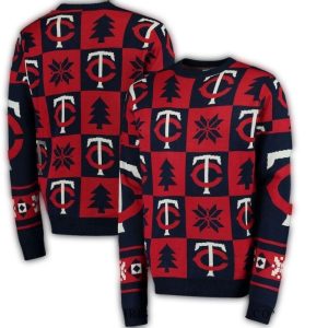 Minnesota Twins Checkered Red & Navy Ugly Winter Sweater For Fans