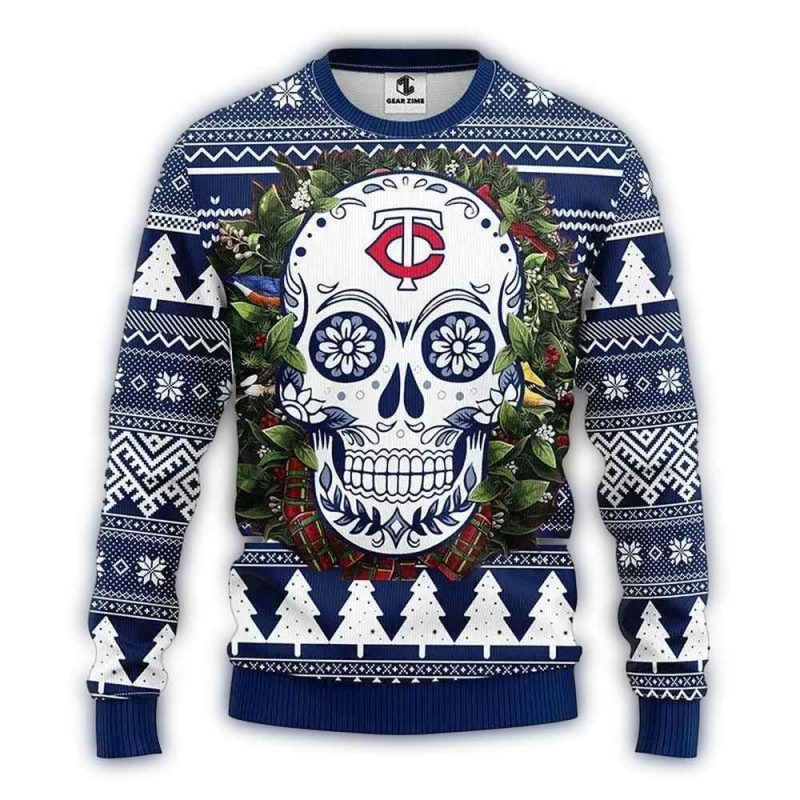 Minnesota Twins Skull Flower Christmas Ugly Sweater 1