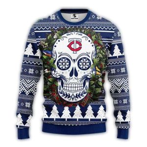 Minnesota Twins Sugar Skull Wreath Sweatshirt - Ugly Christmas Sweater