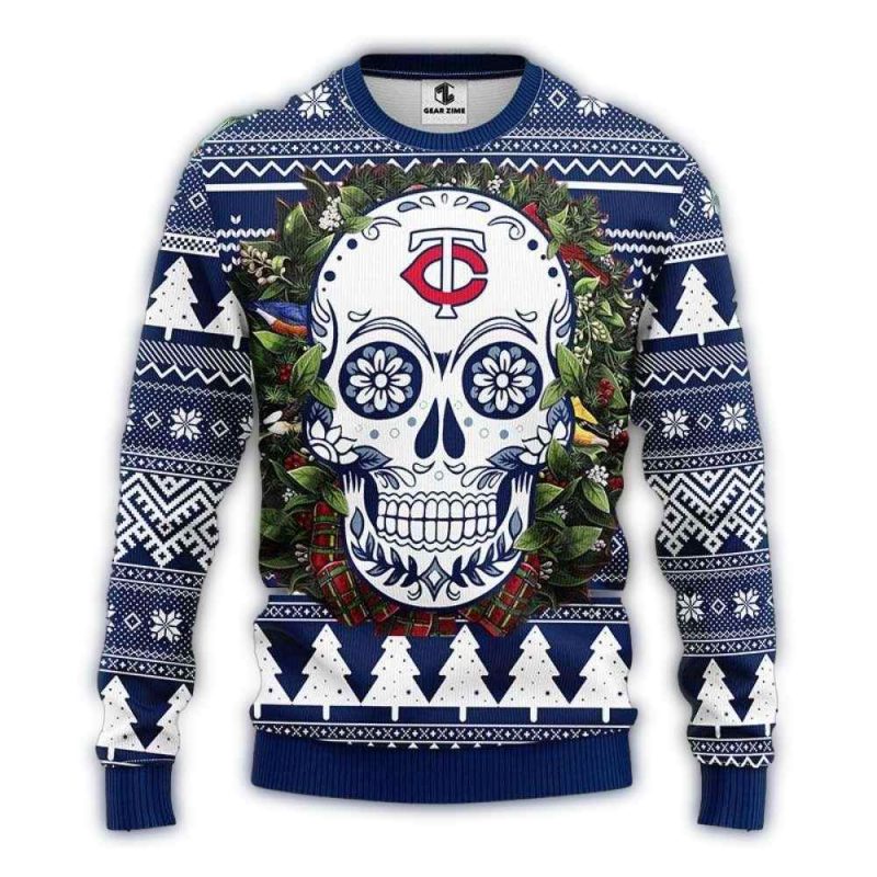 Minnesota Twins Sugar Skull Wreath Ugly Sweater 1