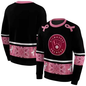 Milwaukee Brewers Awareness Ribbon Black Pink All Over Print Sweatshirt