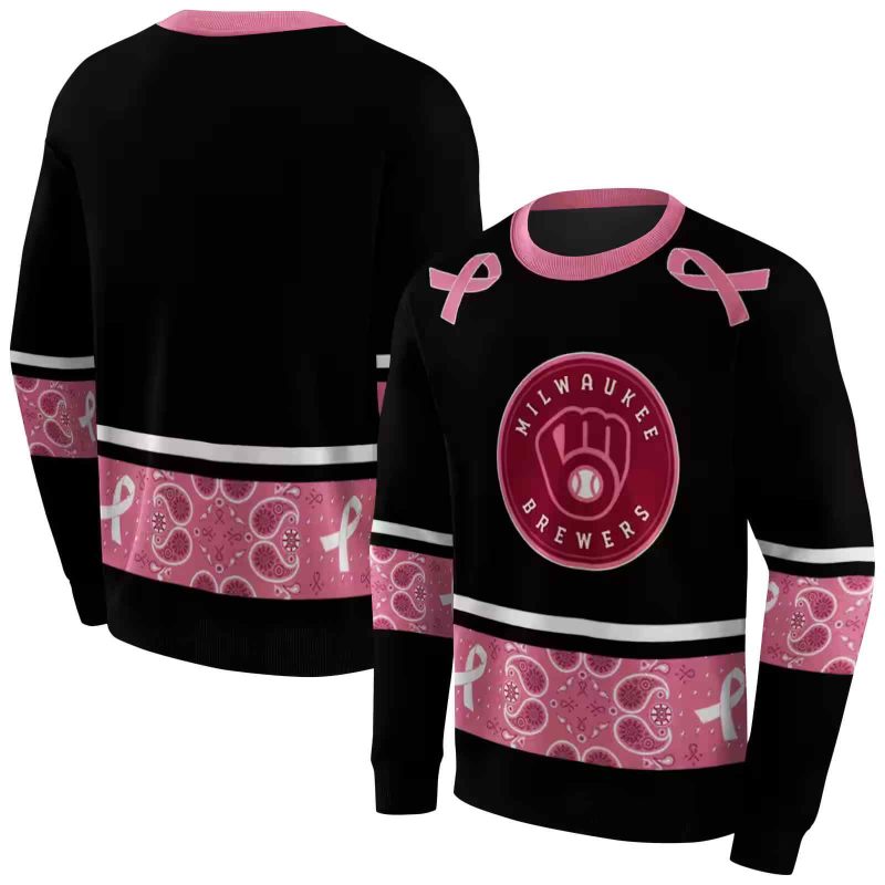 Miwaukee Brewers Awareness Ribbon Black Pink AOP Sweatshirt 1