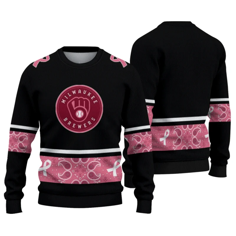 Miwaukee Brewers Pink Ribbon Black Pink Ugly Sweater 1