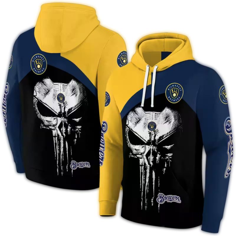 Miwaukee Brewers Skull Punisher Yellow Black AOP Hoodie 1
