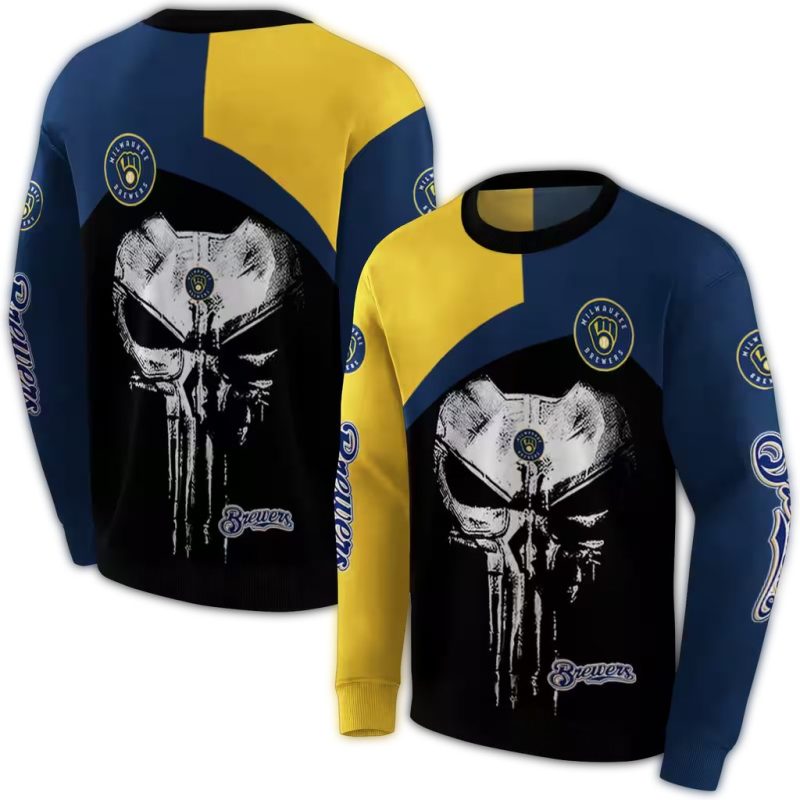 Miwaukee Brewers Skull Punisher Yellow Black AOP Sweatshirt 1