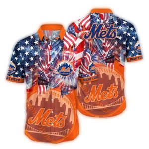 New York Mets American Flag Fireworks Hawaiian Shirt For Fans