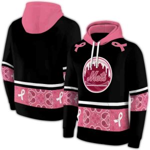 New York Mets Black And Pink Awareness Ribbon All-Over Print Hoodie