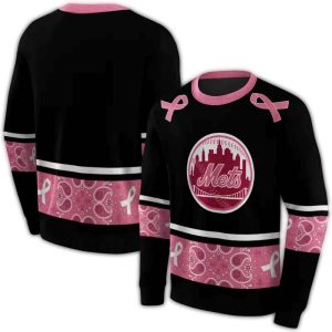 New York Mets Awareness Ribbon Black & Pink All-Over Print Sweatshirt