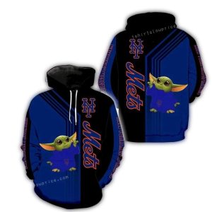Baby Yoda Striped Hoodie - New York Mets All-Over Print Design