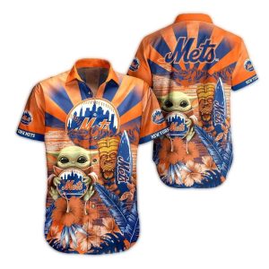 Baby Yoda Tiki Floral Hawaiian Shirt - New York Mets Fan Tee