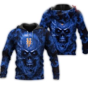 New York Mets Neon Big Skull All-Over Print Hoodie For Fans