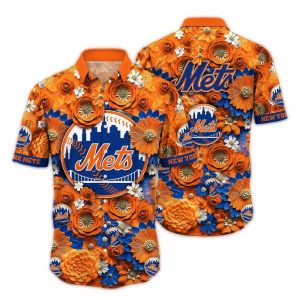 Tropical Hawaiian Shirt With New York Mets Flower Blossom Design