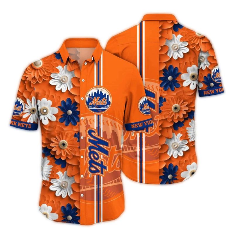 New York Mets Flower Blossom Stripe Hawaiian Shirt 1