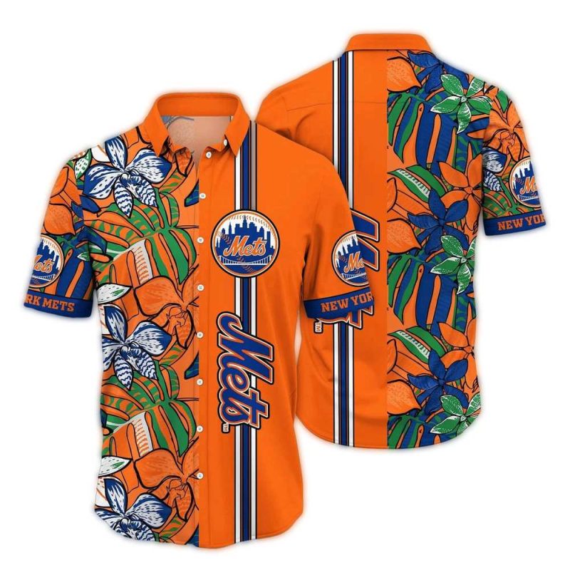New York Mets Flower Leafs Stripe Hawaiian Shirt 1