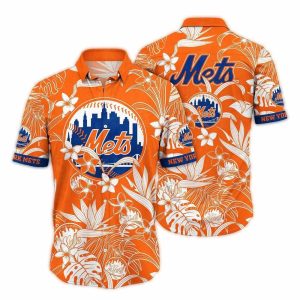 New York Mets Tropical Hawaiian Shirt With Floral Leaf Design