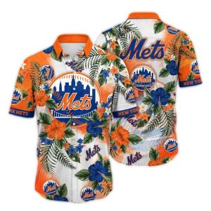 Vintage New York Mets Hawaiian Shirt With Floral Leaf Design