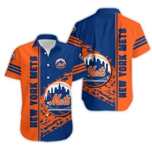 New York Mets Grunge Hawaiian Shirt In Blue And Orange - Stylish Fan Apparel