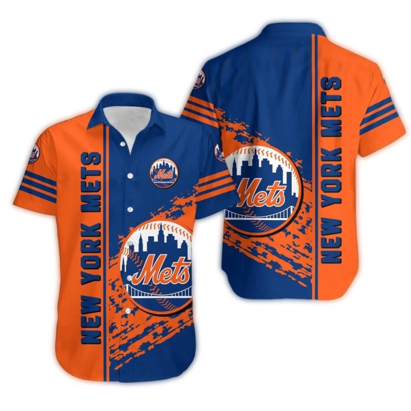 New York Mets Grunge Blue and Orange Hawaiian Shirt 1