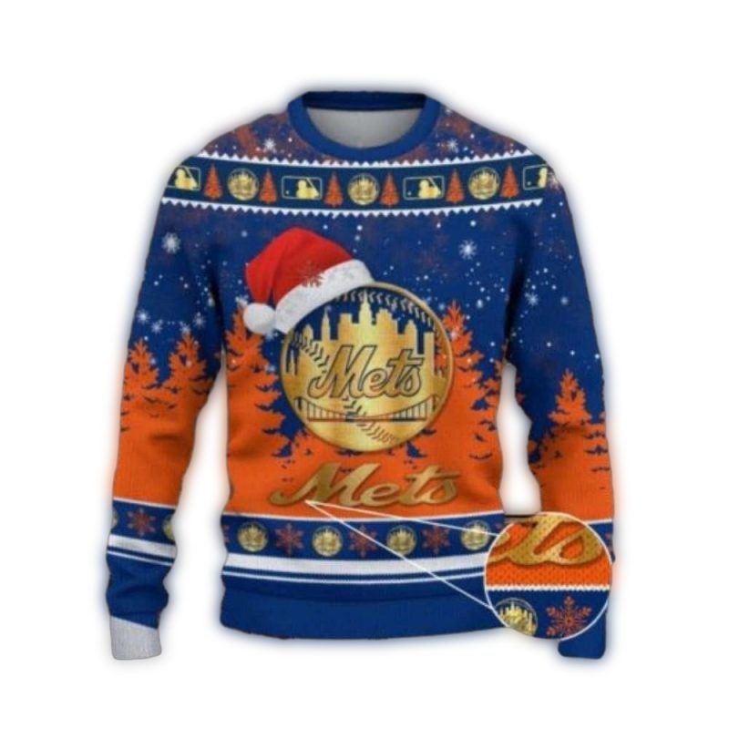 New York Mets Hat Santa Baseball Christmas Ugly Sweater 1