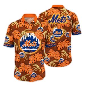 Vintage New York Mets Hawaiian Shirt With Leaf Pattern Design