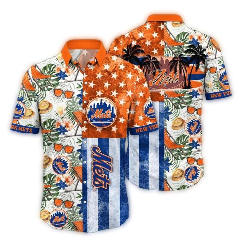 New York Mets Monstera Leaves American Flag Hawaiian Shirt 1
