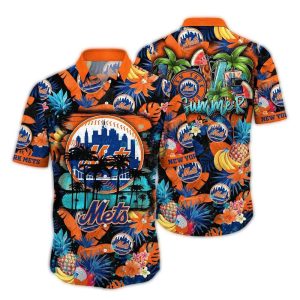 New York Mets Tropical Floral Hawaiian Shirt With Pineapple Design