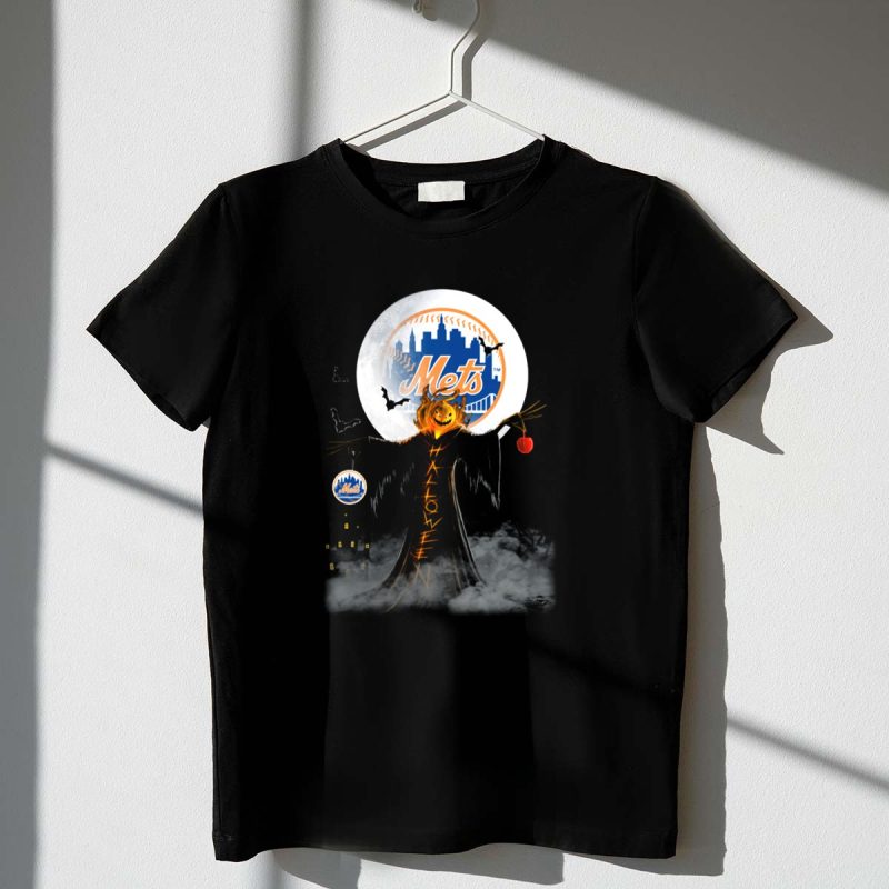 New York Mets Pumpkin Head Halloween Theme with Moon Bats and Spooky Castle T Shirt t shirt 1 1