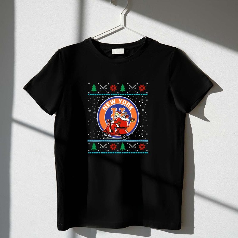 New York Mets Santa Christmas Scooter Ugly Sweater Holiday T Shirt t shirt 1 1