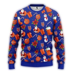 New York Mets Christmas Ugly Sweater With Santa Claus And Snowman Design