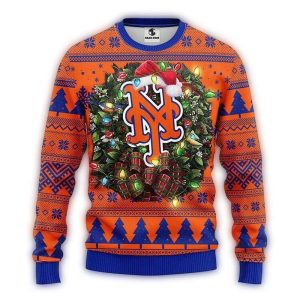 New York Mets Christmas Ugly Sweater With Santa Hat Design