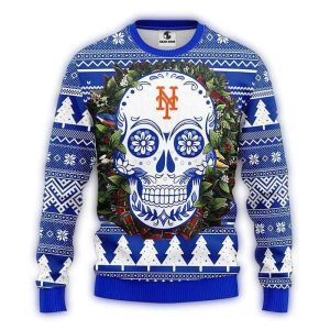 New York Mets Skull Flower Christmas Sweatshirt - Festive Ugly Sweater