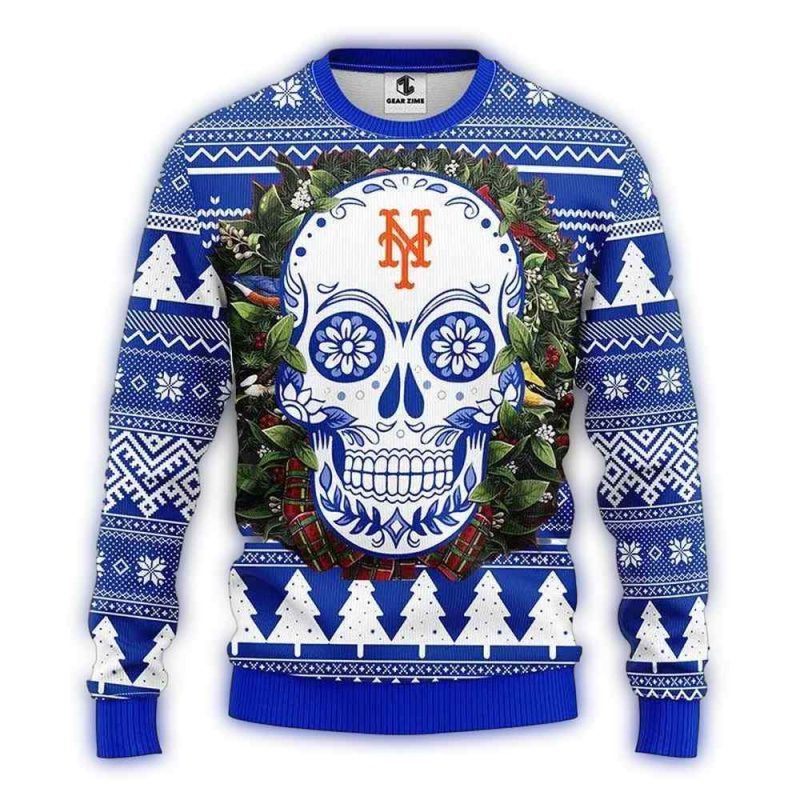New York Mets Skull Flower Christmas Ugly Sweater 1