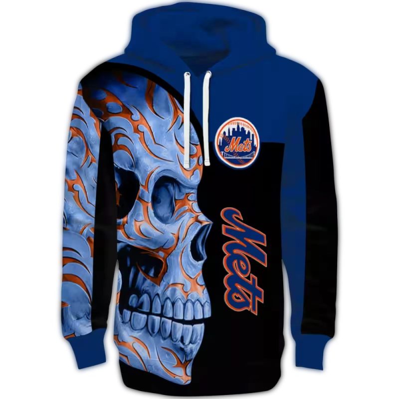 New York Mets Skull Motif All over Print Hoodie 1