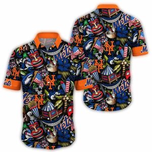 New York Mets Tropical Hawaiian Shirt With Tiki Flower Flag Design