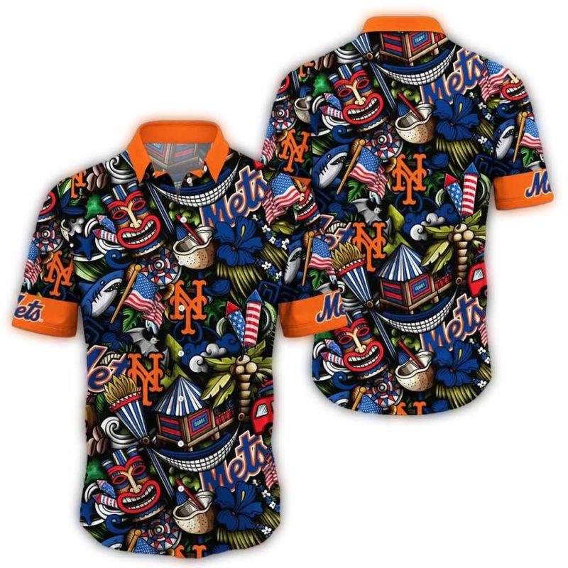New York Mets Tiki Flower Flag US Pattern Tropical Hawaiian Shirt 1