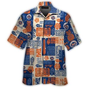 New York Mets Hawaiian Shirt With Tiki Fruit And Fish Design