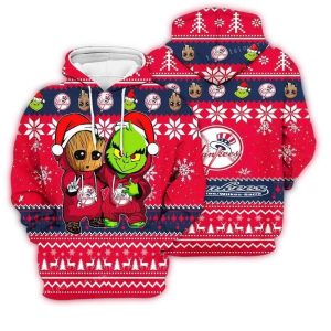 New York Yankees Christmas All Over Print Hoodie With Baby Groot & Grinch Design