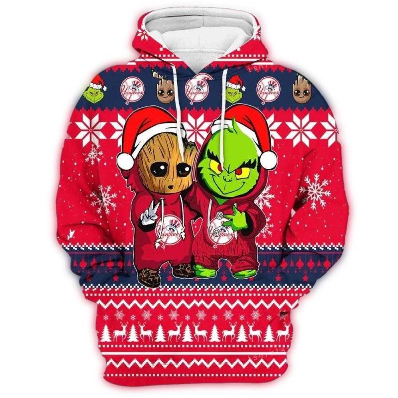 New York Yankees Christmas All Over Print Hoodie With Baby Groot & Grinch Design - Image 2