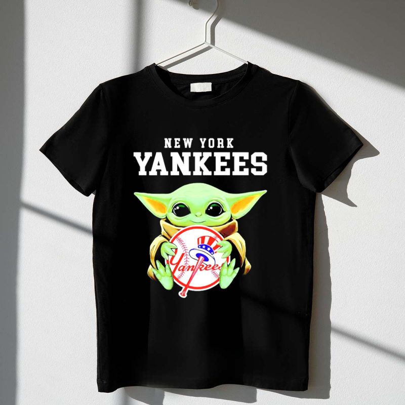 New York Yankees Baby Yoda Holding Team Baseball Emblem T Shirt t shirt 1 1