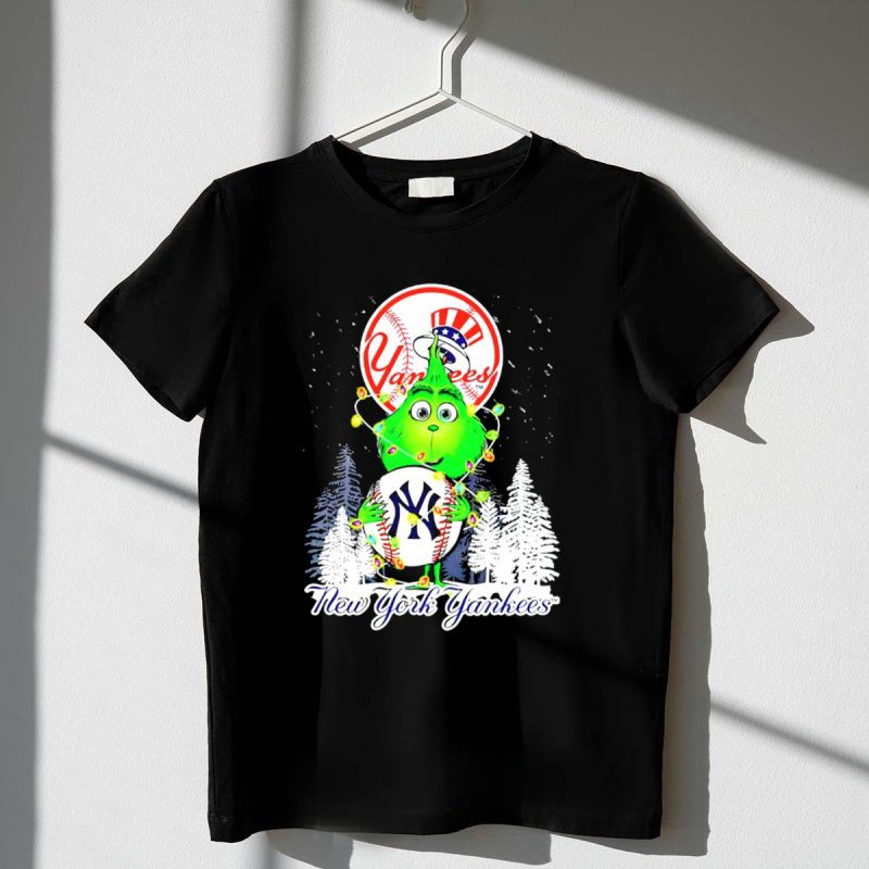 New York Yankees Grinch Christmas Hug with Baseball and Trees T Shirt t shirt 1 1