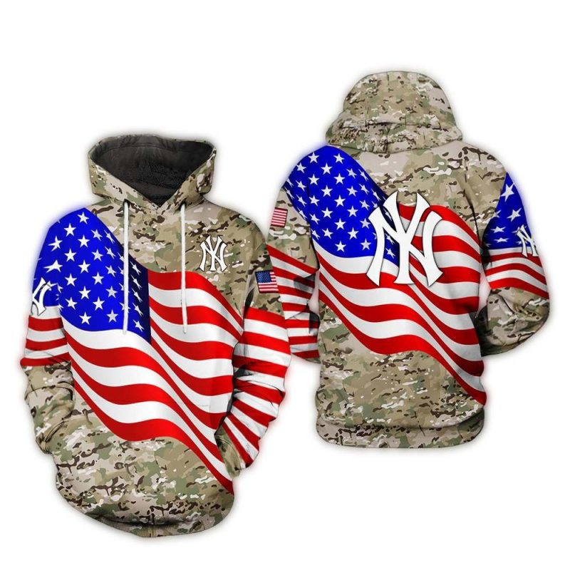 New York Yankees Camo Veteran All Over Print Hoodie With Us Flag Design