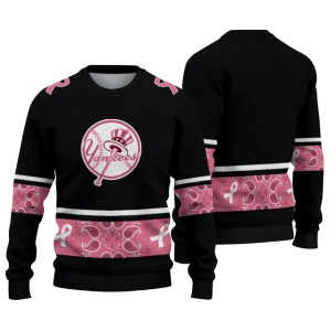 New York Yankees Women'S Pink Ribbon Black Ugly Sweater