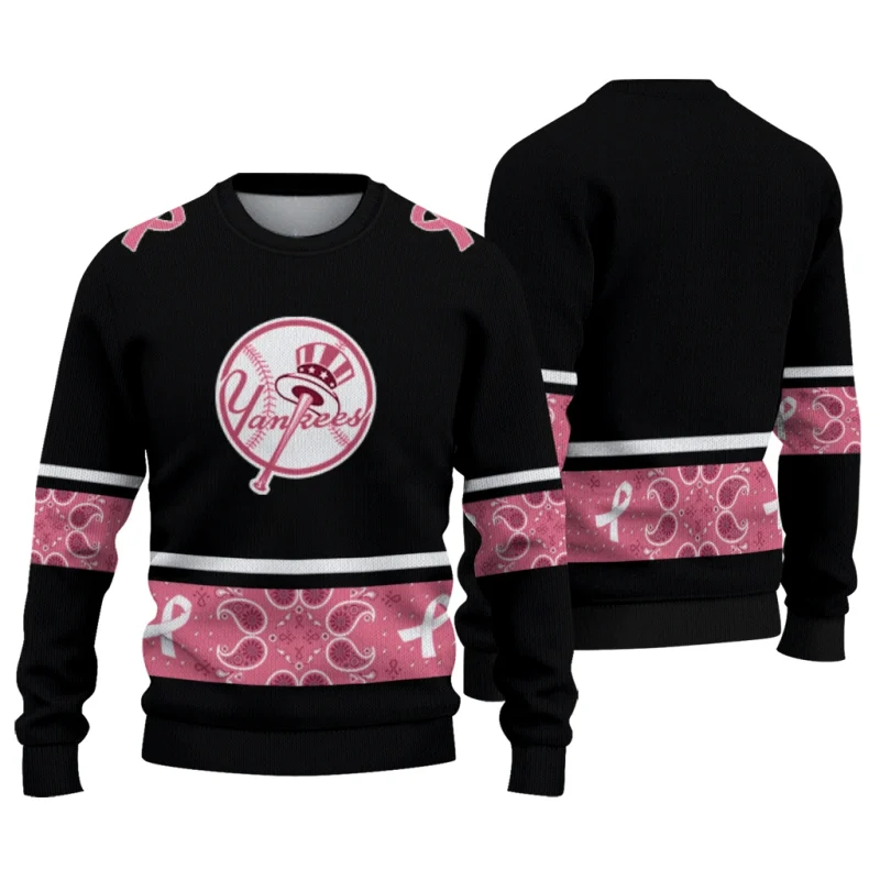 New York Yankees Pink Ribbon Black Pink Ugly Sweater 1