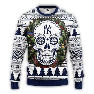 New York Yankees Floral Skull Design Ugly Sweater For Fans