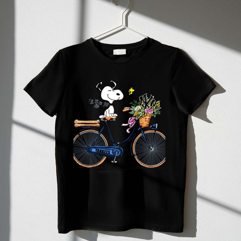 New York Yankees Snoopy on Bicycle with Woodstock and Flowers T Shirt t shirt 1 1