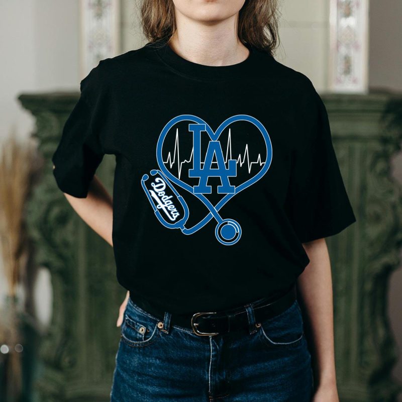 Nurse LA Dodgers Heart Graphic T-Shirt for Baseball Fans - Image 2