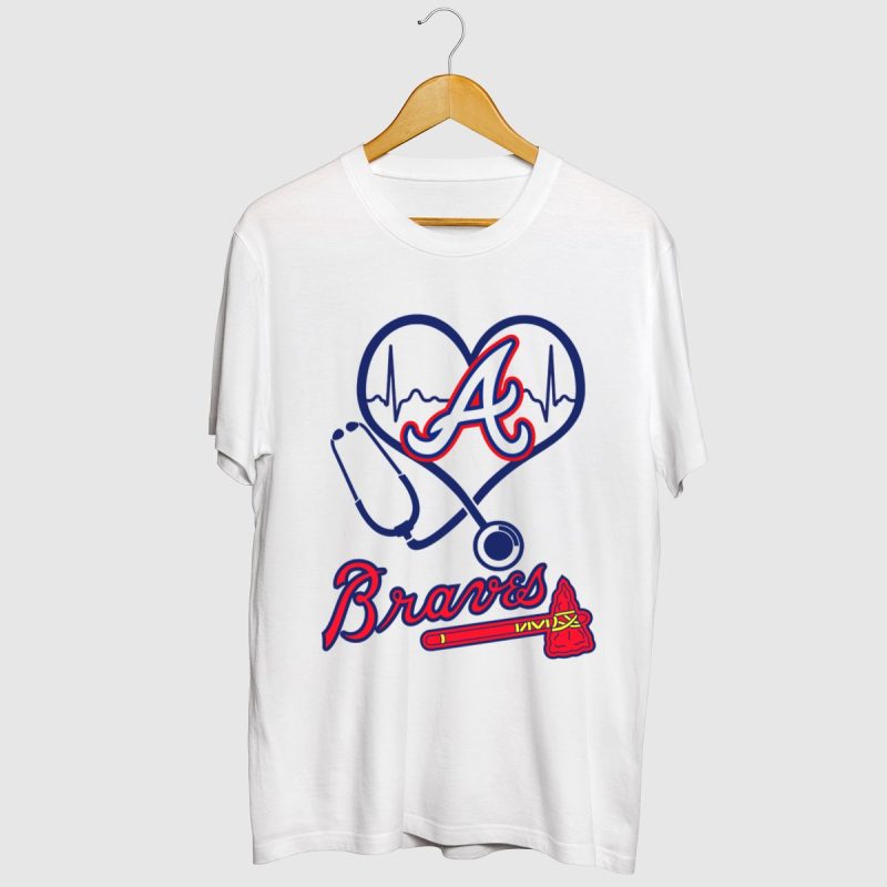 Atlanta Braves Nurse Love Heartbeat Stethoscope T-Shirt - Image 2