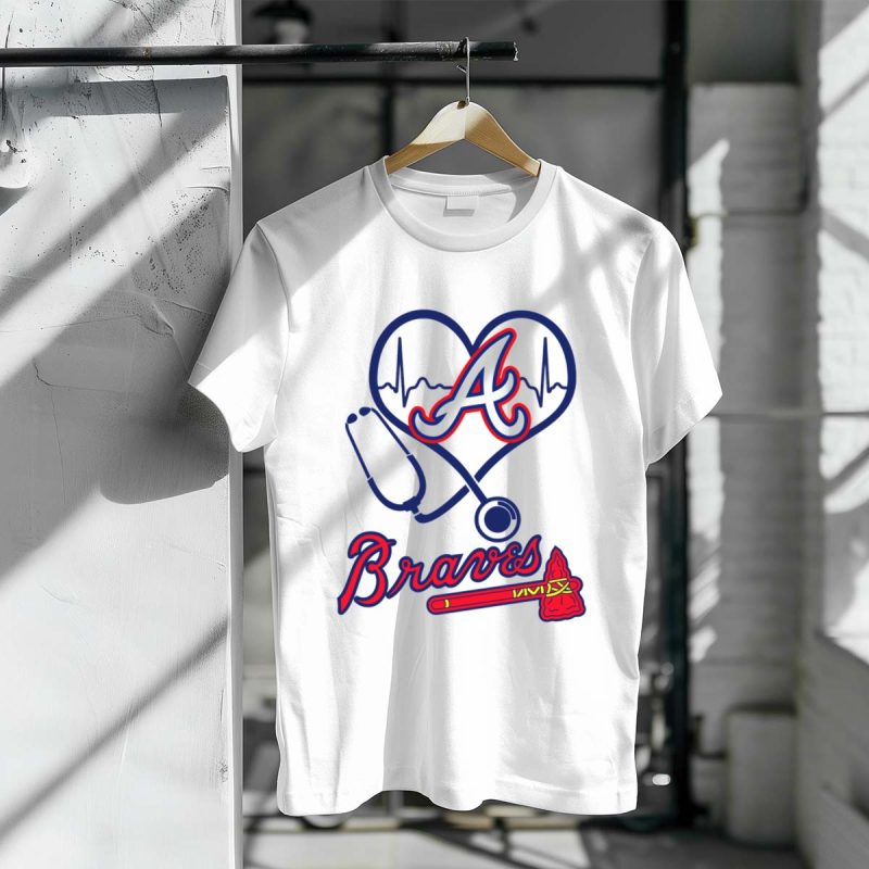 Atlanta Braves Nurse Love Heartbeat Stethoscope T-Shirt - Image 3